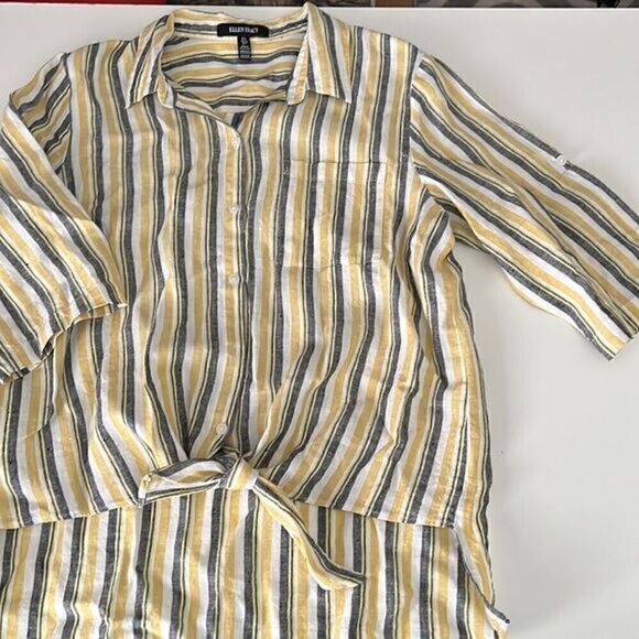 Ellen Tracy Linen Front Tie Button Down Collar Stripe Top Women's Size L - Picture 13 of 16